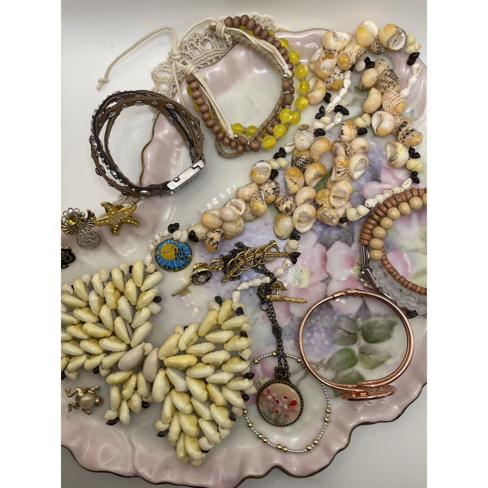 Mixed Lot Costume Jewelry, Chunky Shell Necklace,Pins, Bracelets